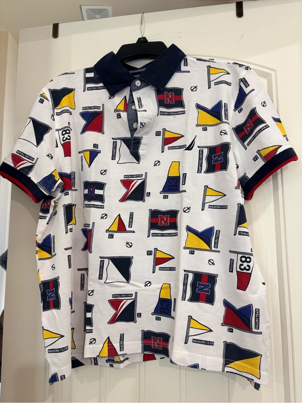 Nautica White Polo with Navy Collar and Multi-Flag Print